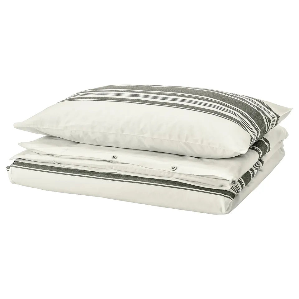 JÄTTEFRÄKEN bedding set, white with grey stripes, cotton, rectangular, folded neatly.