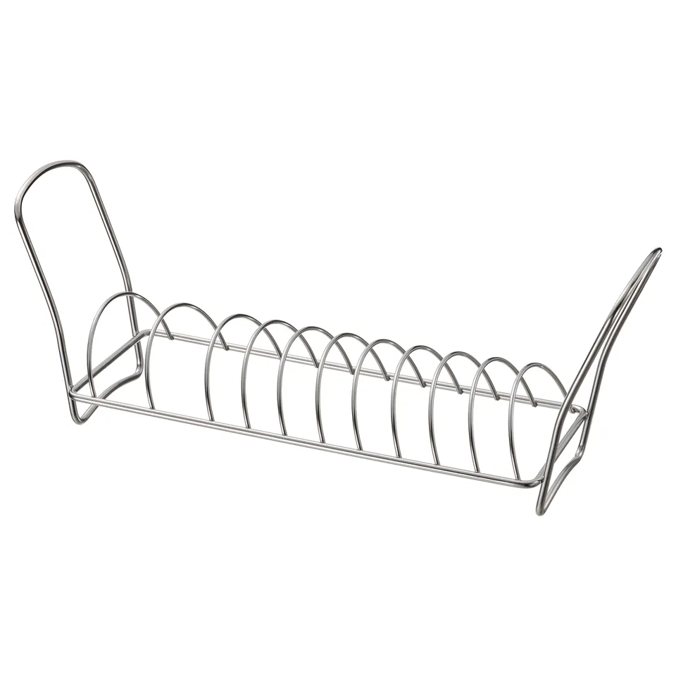 VÄLVÅRDAD stainless steel dish rack, sleek silver, curved design, holds plates.