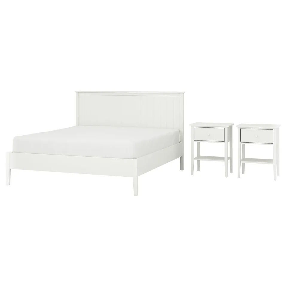 A white GULLABERG bed frame with two matching bedside tables. Simple and modern design, made of wood and painted white.