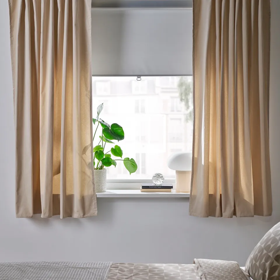 SANELA Curtains, 1 pair, light beige/with heading tape, 140x160 cm