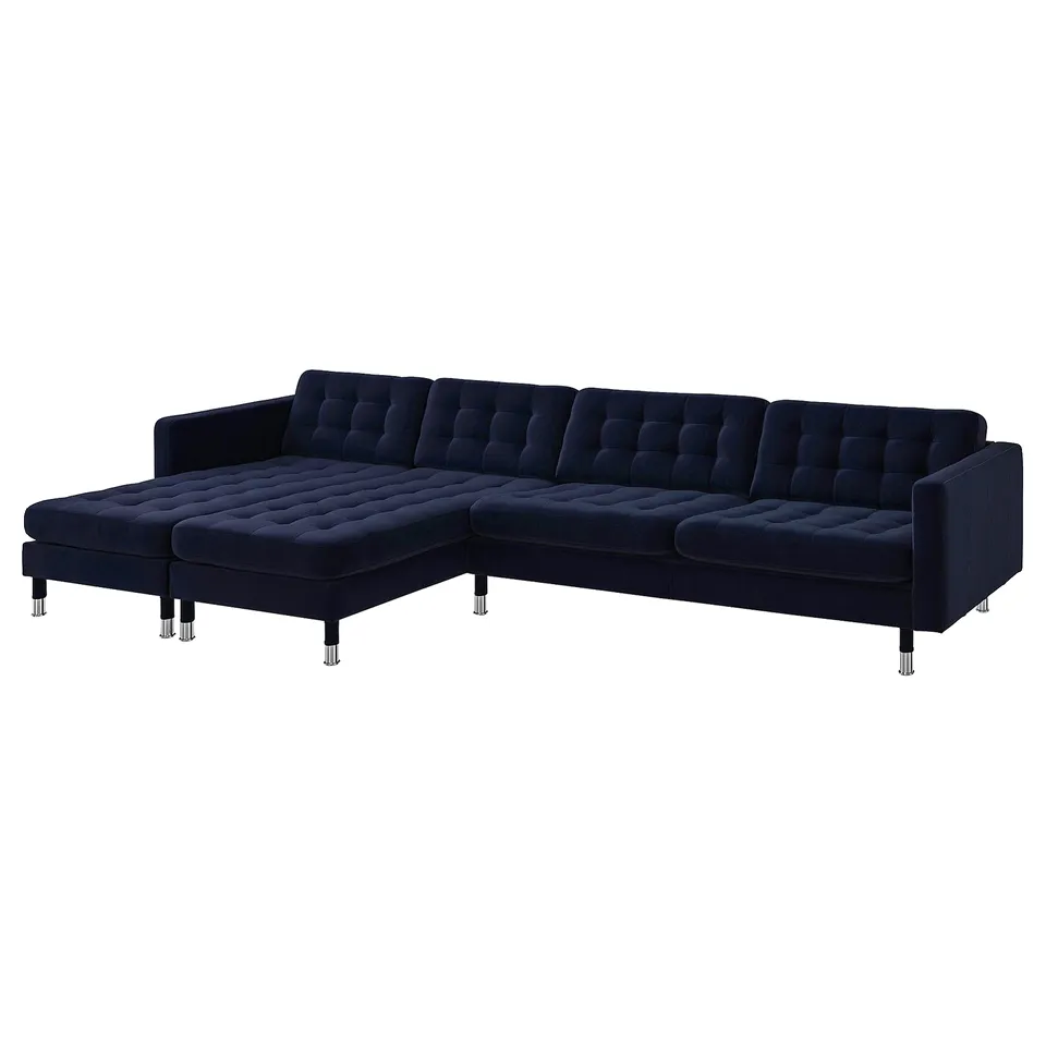 Landsokra dark blue velvet sectional sofa, modern design, deep cushions, chrome legs.