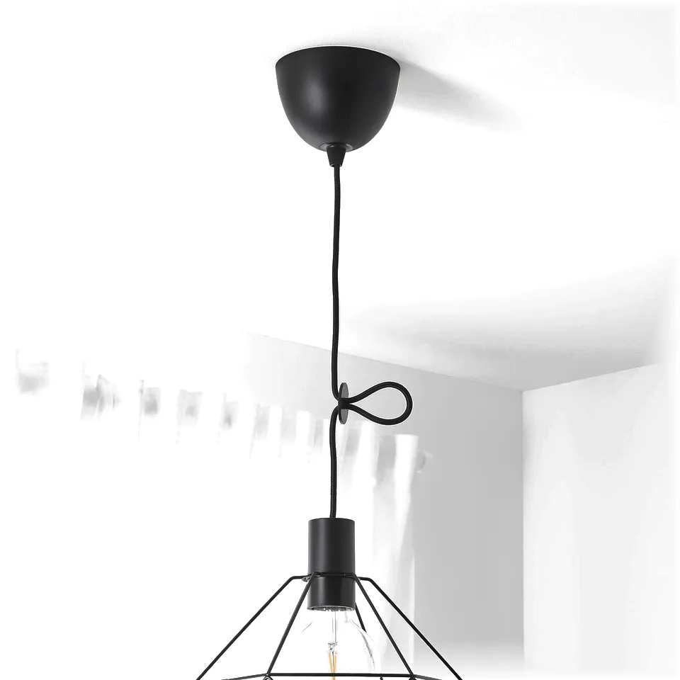 Ceiling light with adjustable cord, hanging bulb shade, modern look, white curtain background.