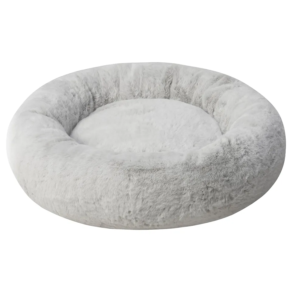 UTSÅDD pet bed: round, plush, grey, recycled polyester, high edge.