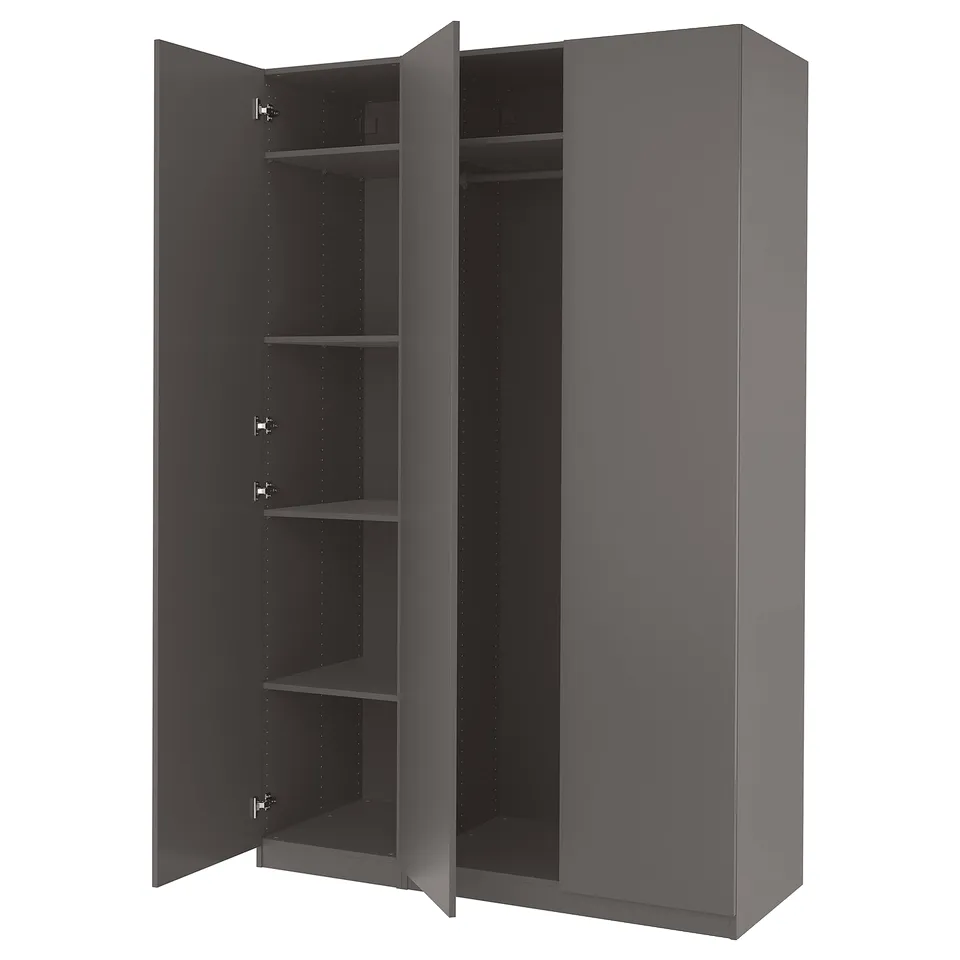 PAX wardrobe: dark grey, tall, rectangular; four adjustable shelves, two doors with soft close.