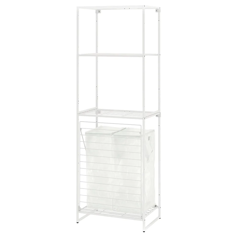 White JOSTEIN steel storage for bathrooms, 3 shelves, fabric bag.