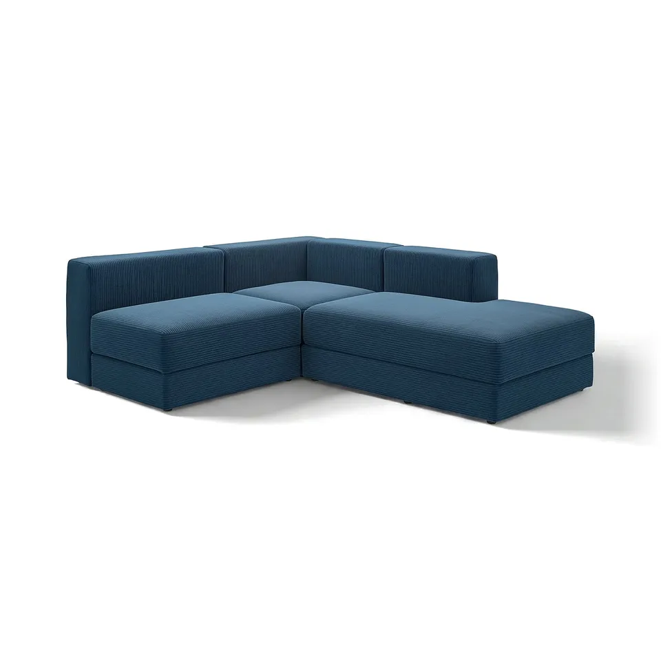 Modern l-shaped JÄTTEBO sofa in blue, corduroy material, clean lines, modular design with storage.