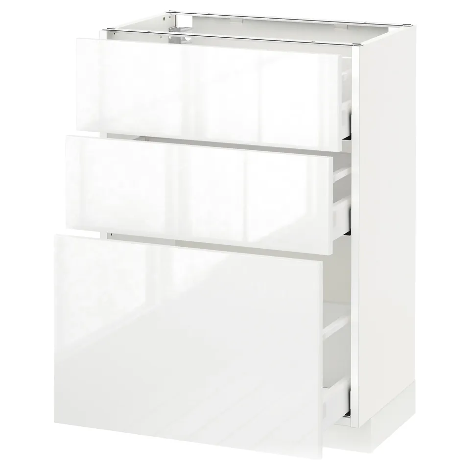 A white METOD cabinet with three drawers in a modern, glossy design. The cabinet is rectangular and sleek.