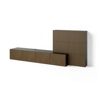 BESTÅ media storage combination, black-brown Björköviken/Hedeviken brown stained oak veneer, 300x42x114 cm
