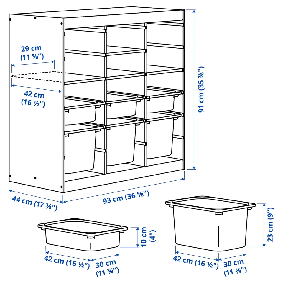 TROFAST Storage combination, with shelves/boxes room divider/light white stained pine light orange bright green, 93x44x91 cm