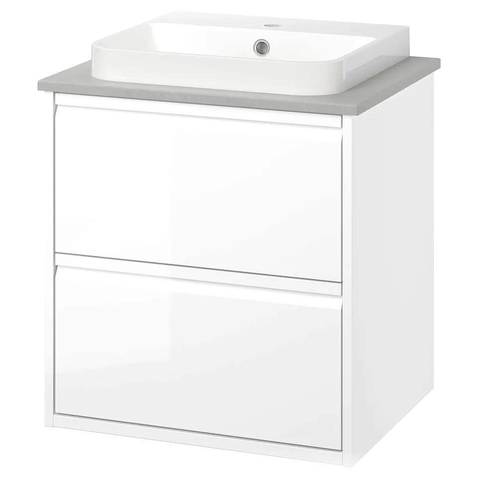 White ÄNGSJÖN cabinet: 2 drawers, marble basin, glossy finish.