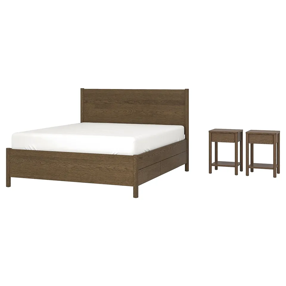 Dark brown TONSTAD bed & nightstands, brushed finish, classic design.