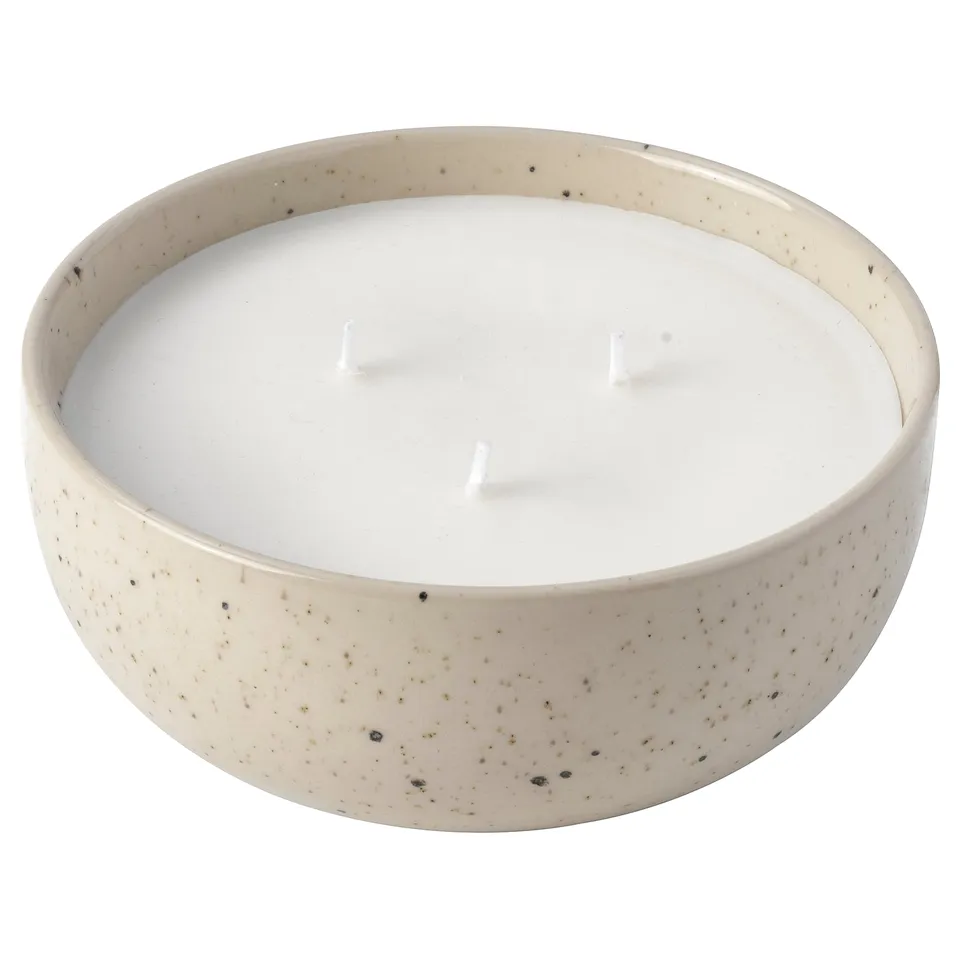 PÄRLHÖNA Scented candle/ceramic jar, 3 wicks, Rose & carnation off-white, 30 hr