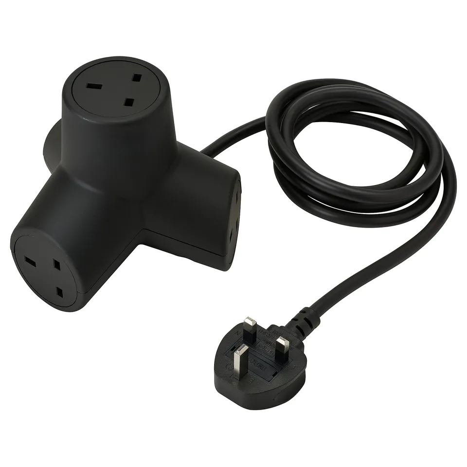 HORNFELS black 4-way outlet extension, playful design, recycling polycarbonate, angled shape.