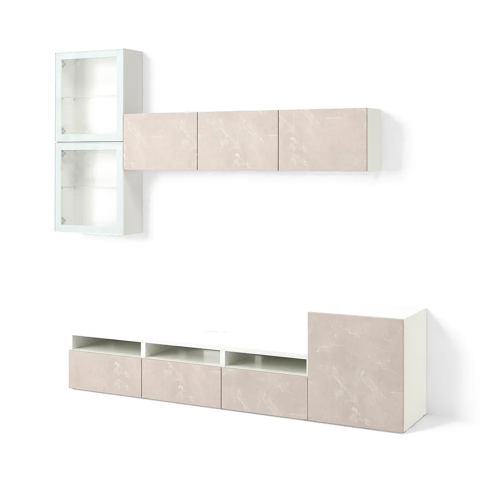 BESTÅ TV storage combination/glass doors, white Glassvik/Bergsviken beige, 300x42x211 cm