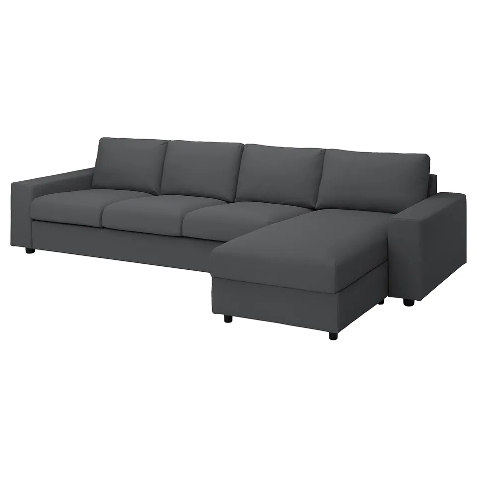 Modern grey l-shaped sofa with dark grey legs, clean lines and plush cushions for ultimate comfort.