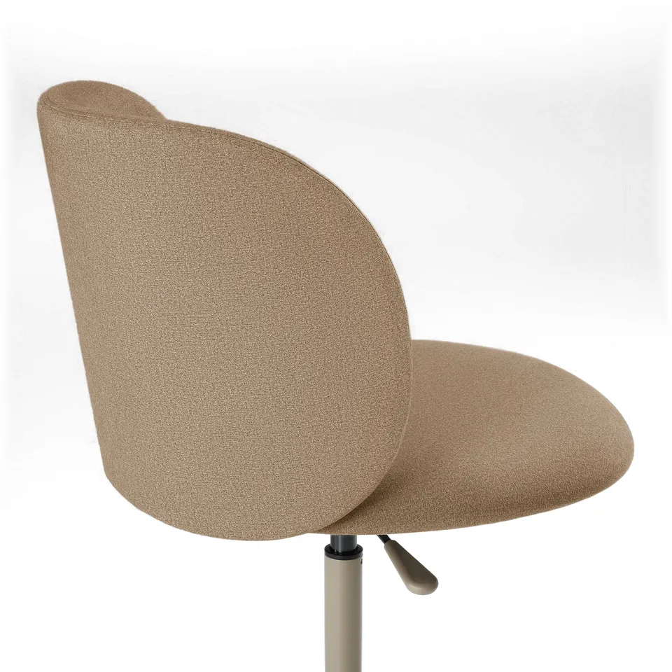 Modern swivel chair with plush padding. Beige upholstery, sturdy base. Comfortable design for long seating.