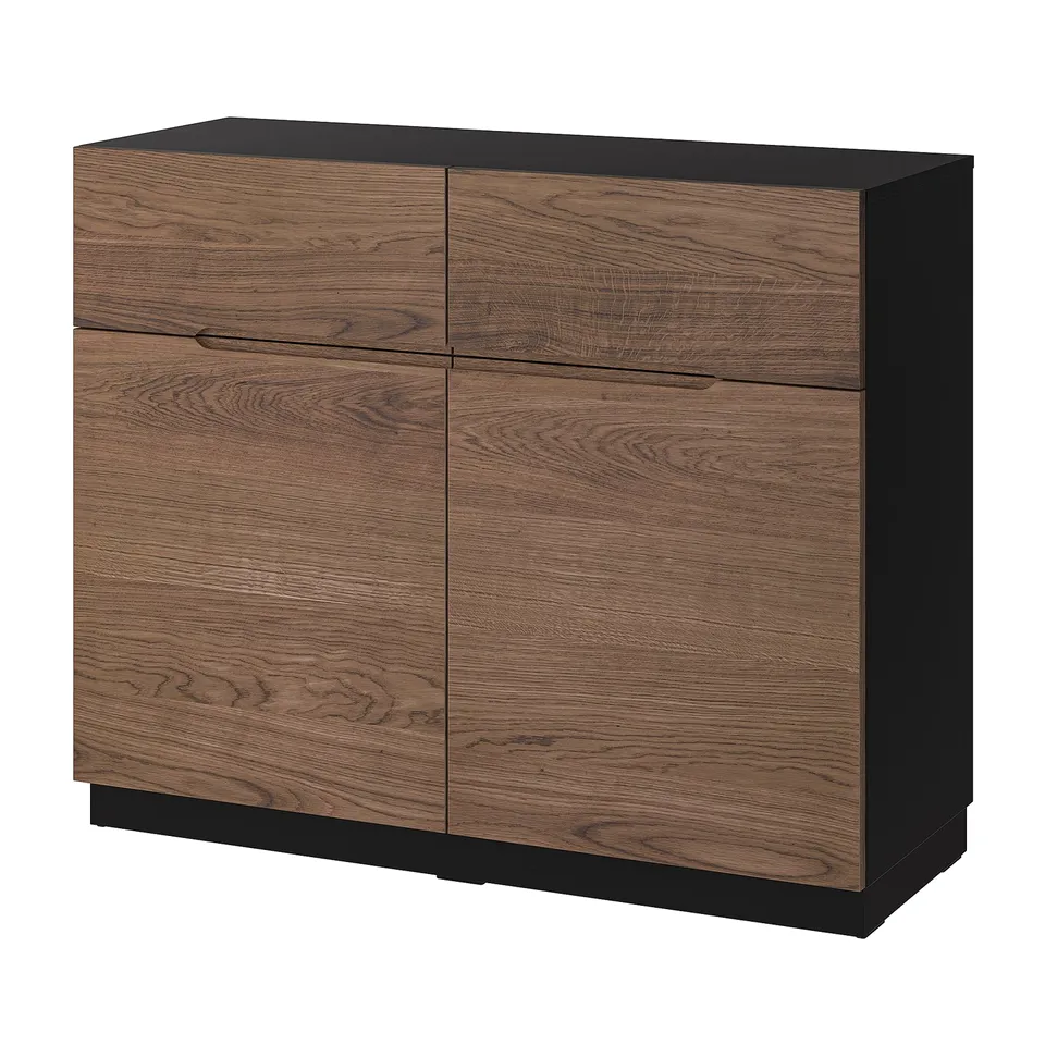 KLACKENÄS sideboard: oak-wood & black, rectangular, 4 doors with handles.