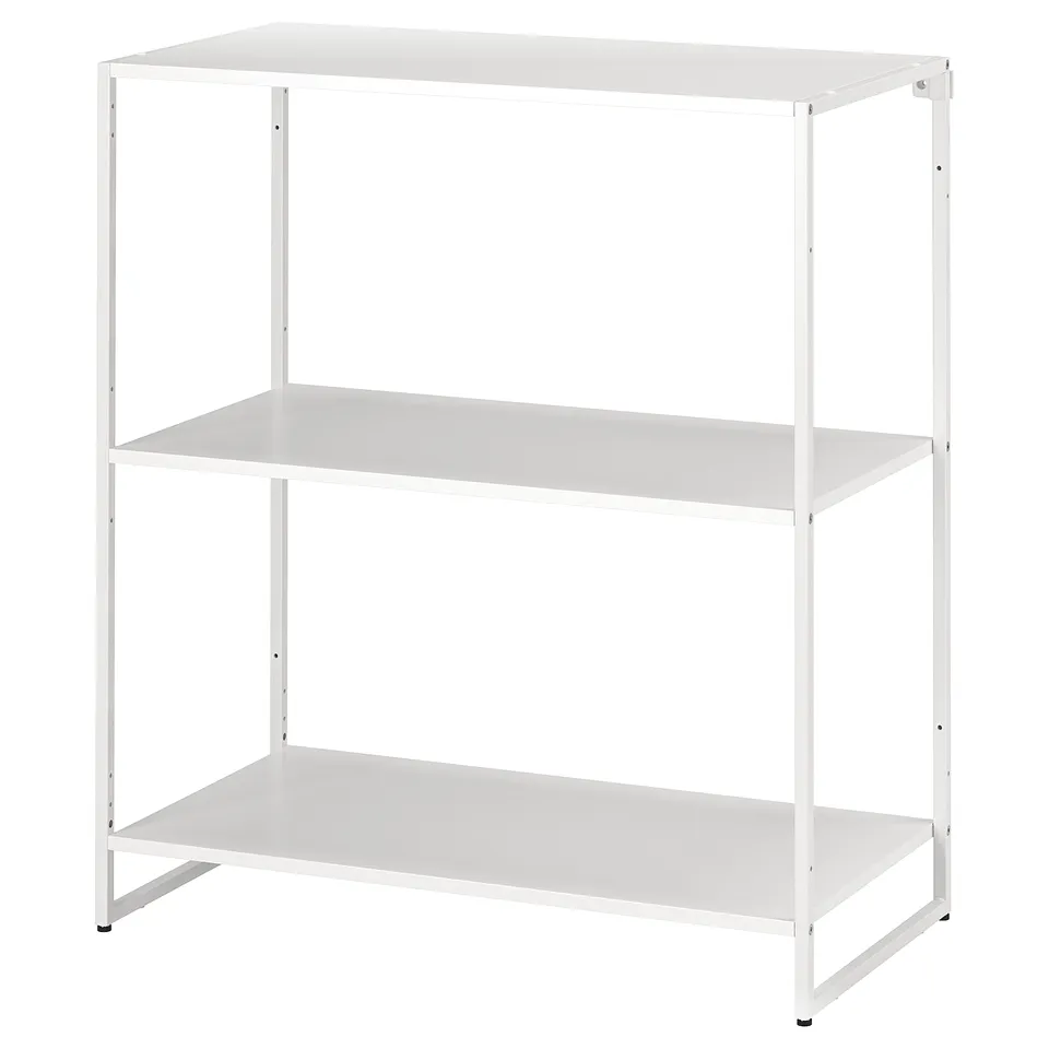 White metal JOSTEIN shelving unit with three empty shelves.
