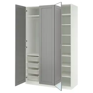 PAX / KAMMARTORP/GULLABERG wardrobe combination, white/mirror glass grey, 150x60x236 cm