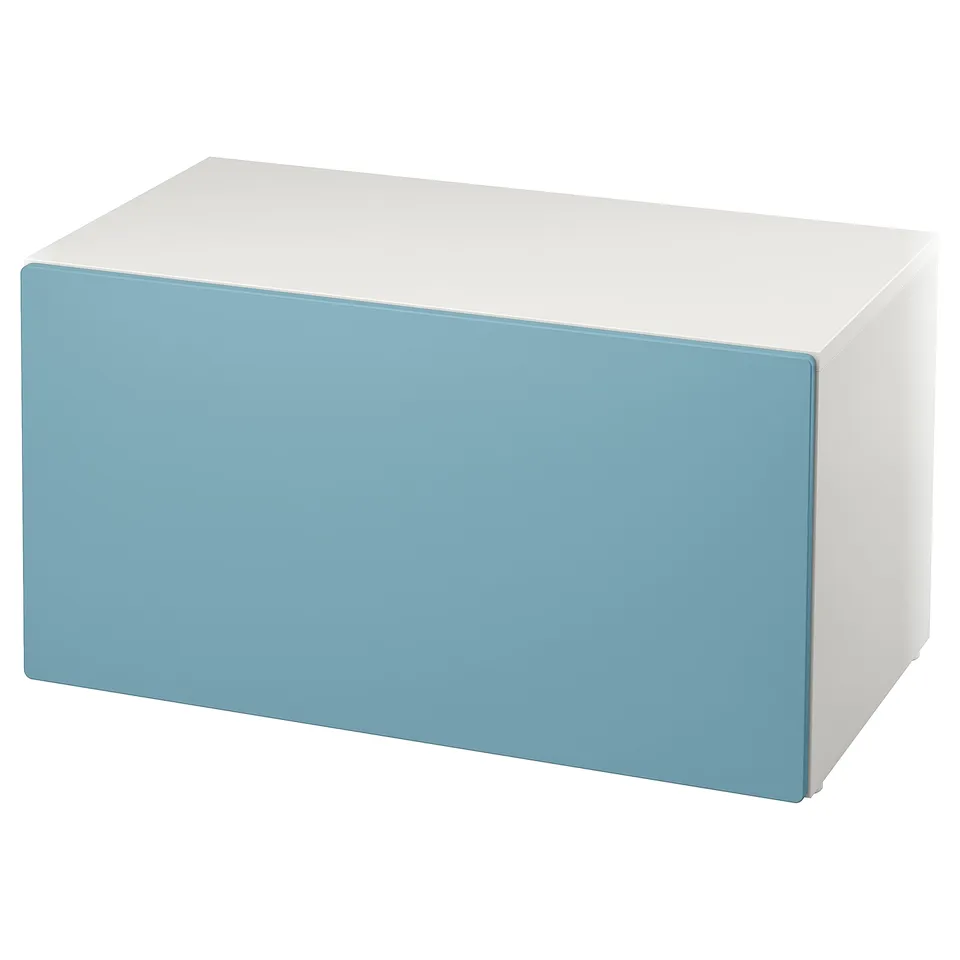 A white and light blue rectangular storage bench, made of particleboard and fiberboard, with a simple and modern design.