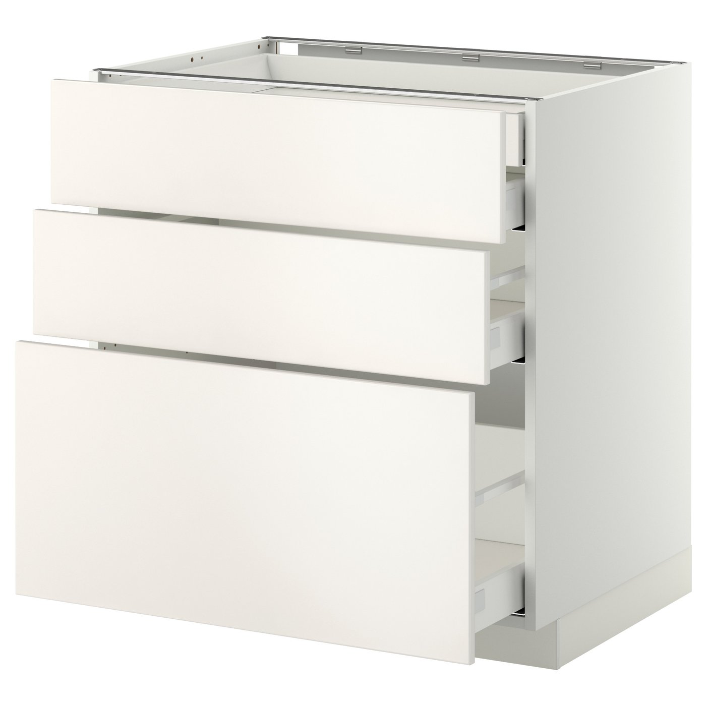 A modern white ikea METOD kitchen drawer unit. It three fully extendable drawers with a sleek, minimalist design.