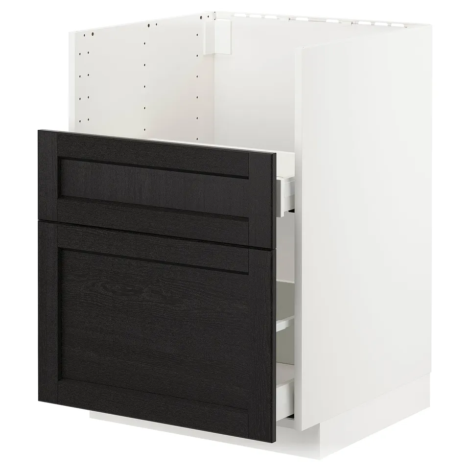 A modern kitchen cabinet, METOD, with dark stained wooden doors and a white frame. It several drawers for storage.