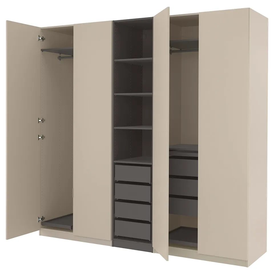 An open beige PAX wardrobe with shelves, drawers, and hanging space inside.