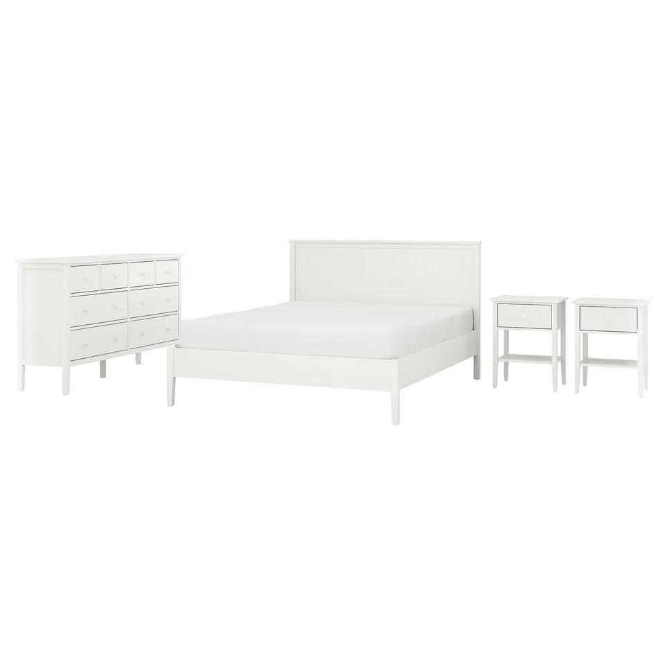 A white GULLABERG bedroom set. It includes a bed, two nightstands, and a dresser. The pieces are made of wood and have a clean, simple design.