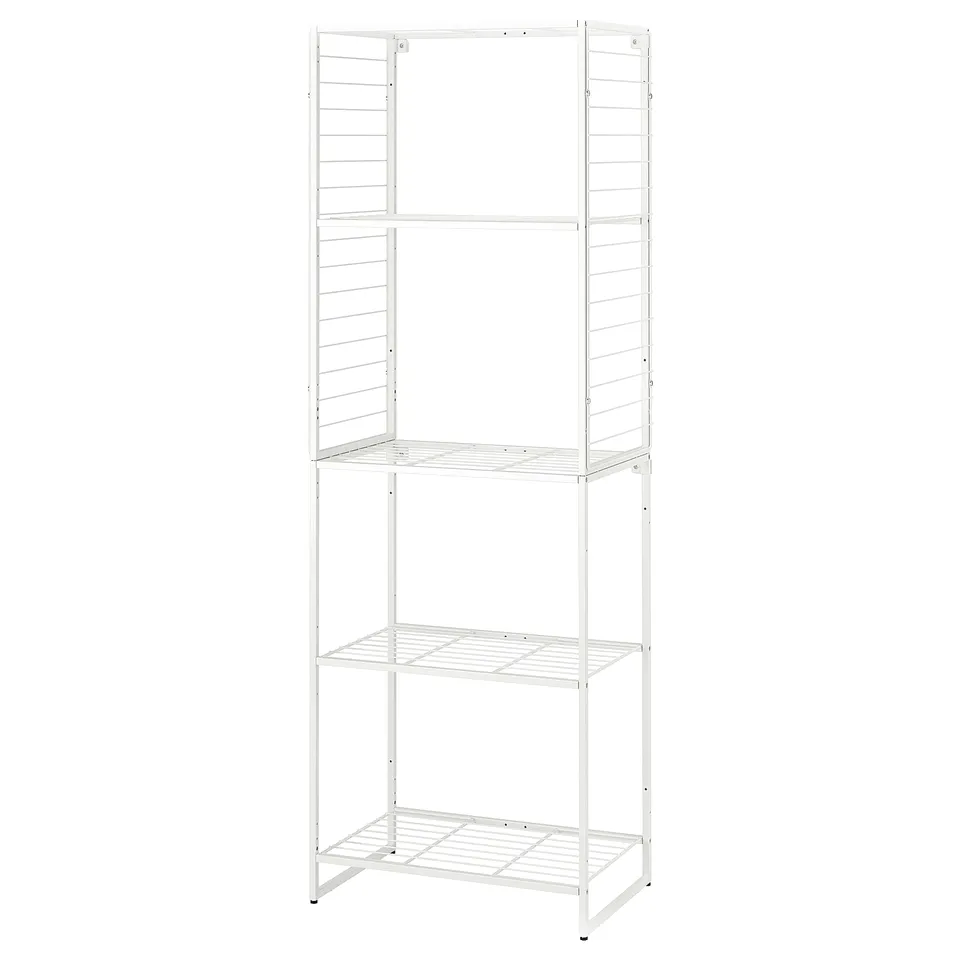 White metal JOSTEIN shelving unit, tall and rectangular with four shelves, suitable for indoor and outdoor use.