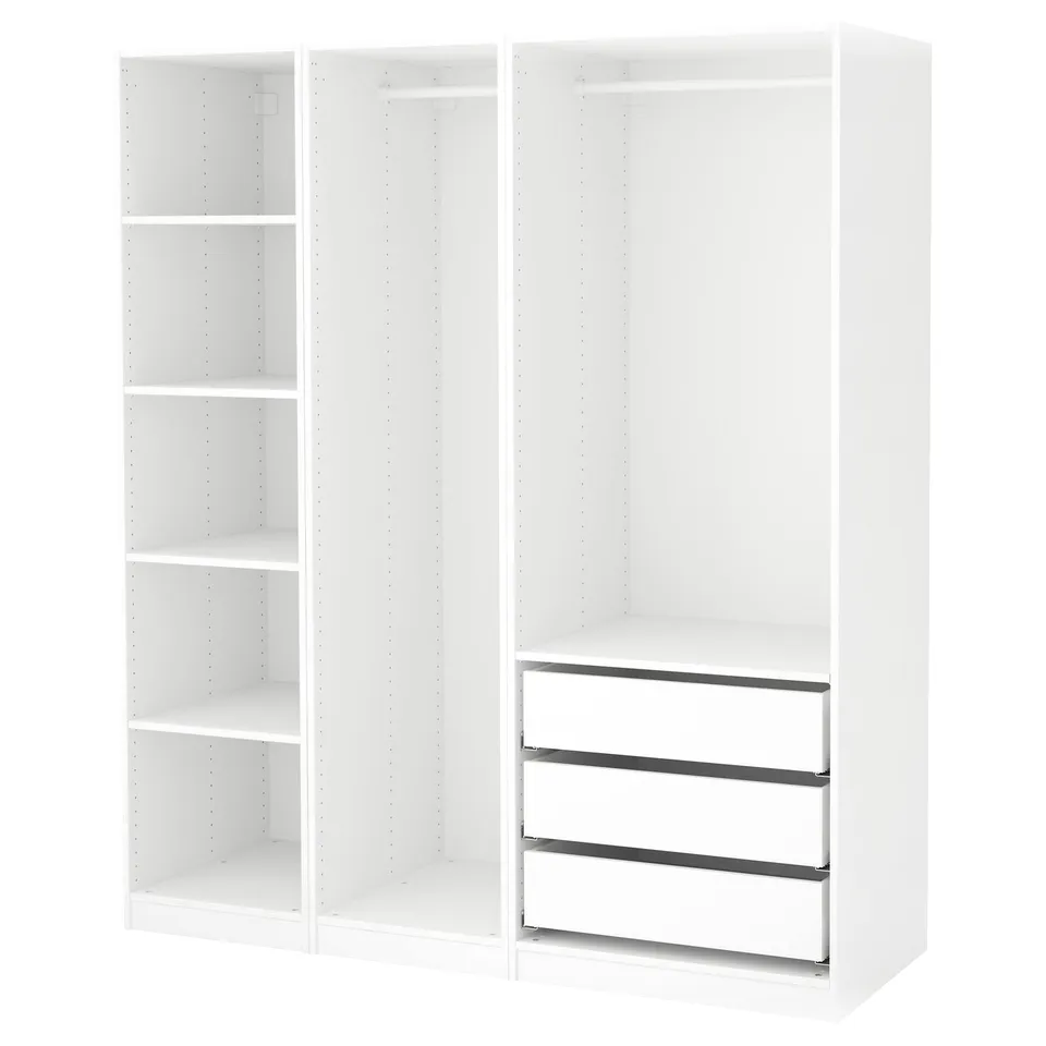 White modular wardrobe set with shelves and drawers.