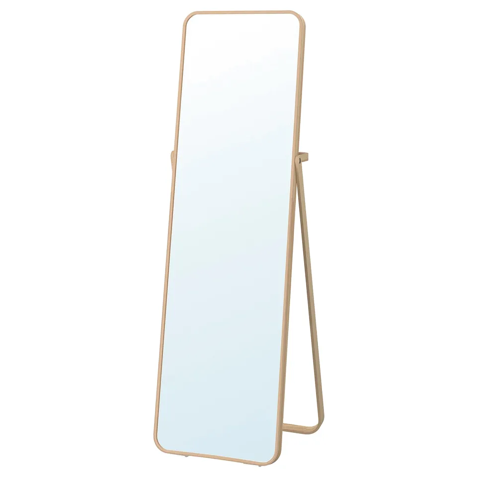 IKORNNES mirror: ash veneer, rectangular, with stand, clear finish, safety film.