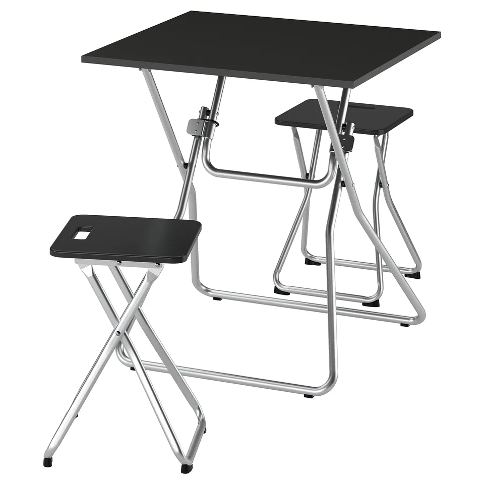 Black folding table & stool set, silver metal frame, easy clean.