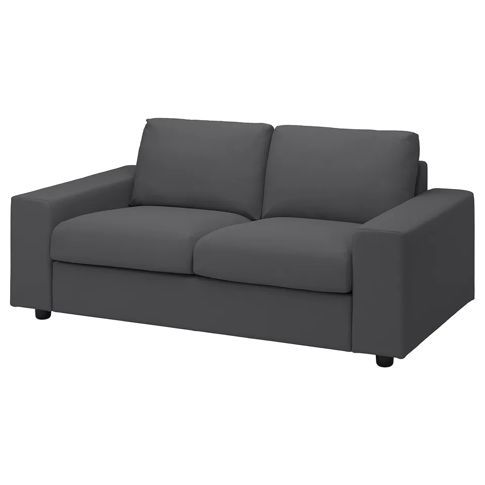 Grey VIMLE sofa. Modern, two-seater, square cushions, dark grey fabric.
