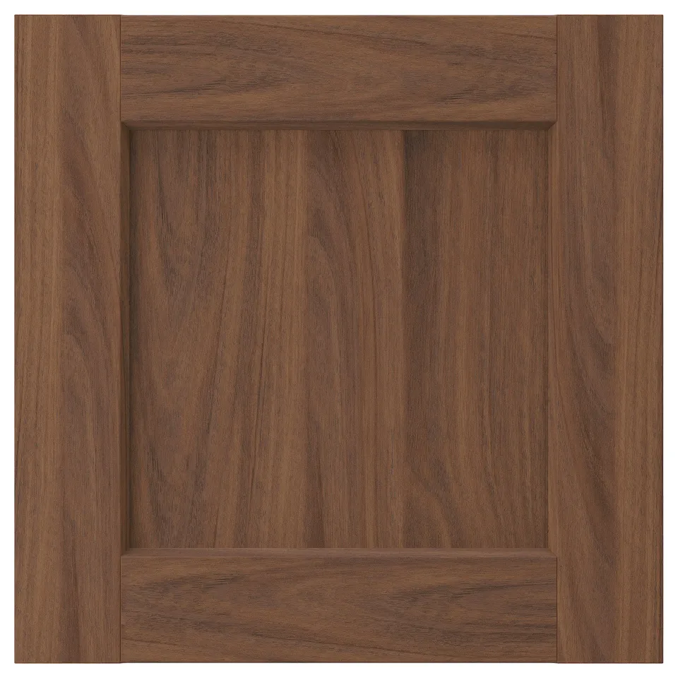 Dark brown wooden cabinet door, classic style, square shape, smooth texture.