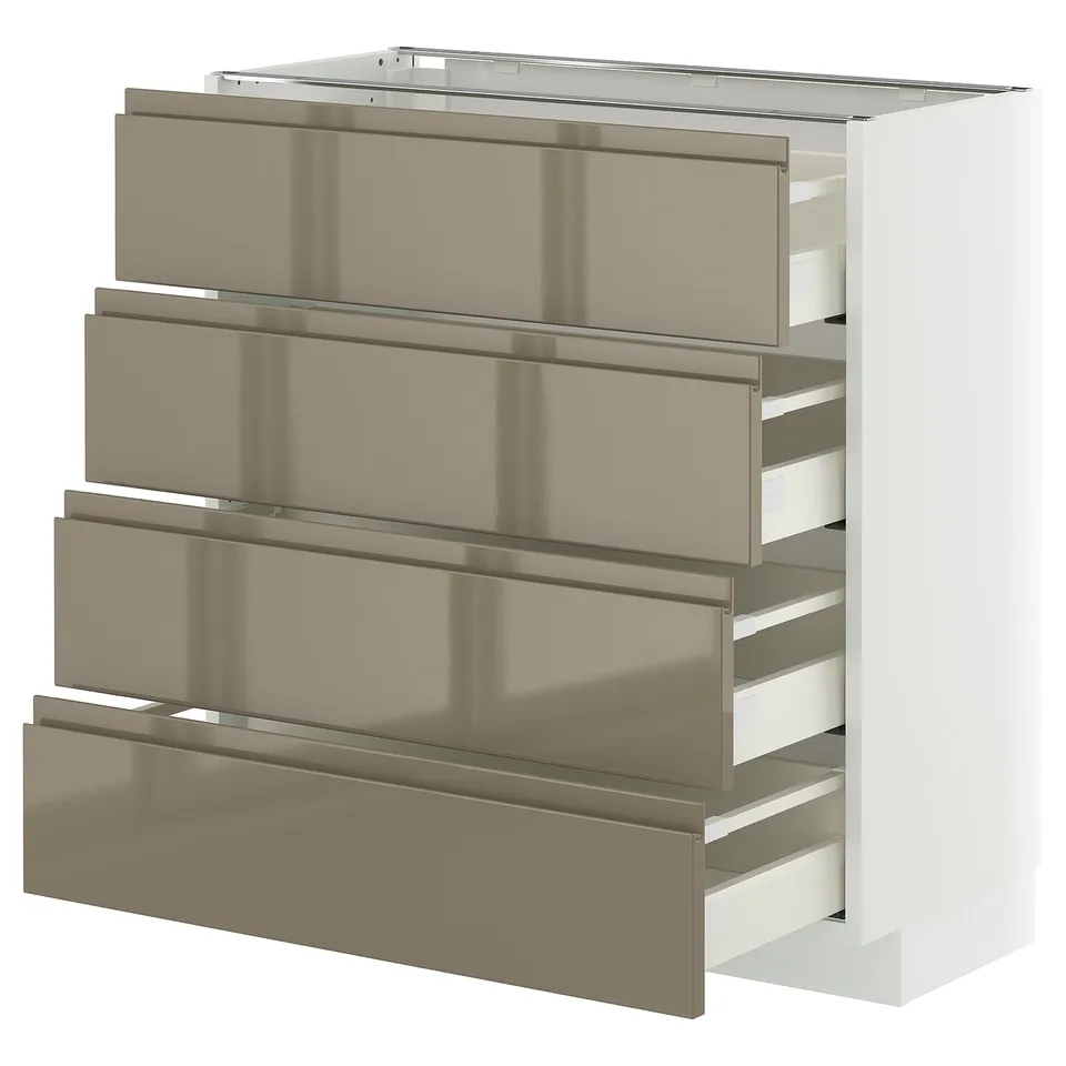 Modern kitchen cabinet with four pull-out drawers in high-gloss dark grey-brown. Elegant design, metallic finish, white frame.