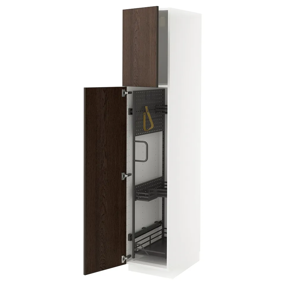 A white METOD cabinet with dark brown wooden doors, partially open to display interior shelves and organisers.