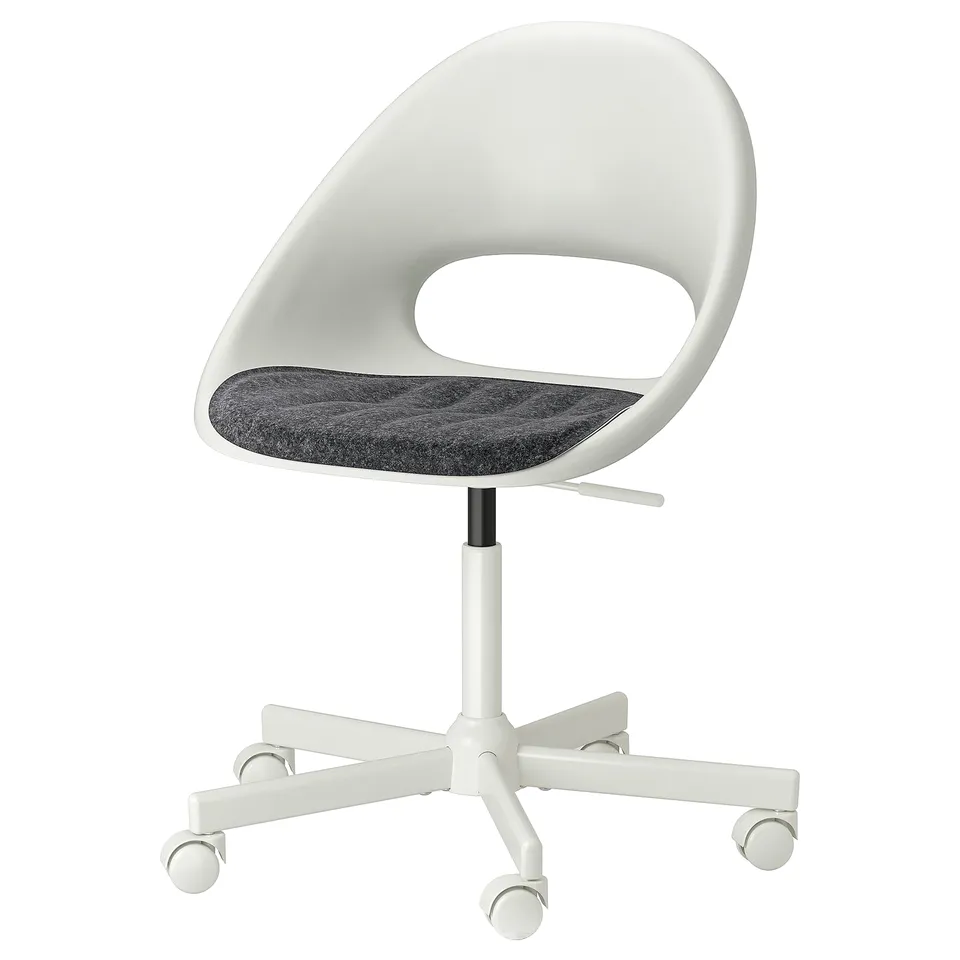 A white LOBERGET office chair with a grey seat cushion. It has five swivel wheels and a round base. The chair is height adjustable.