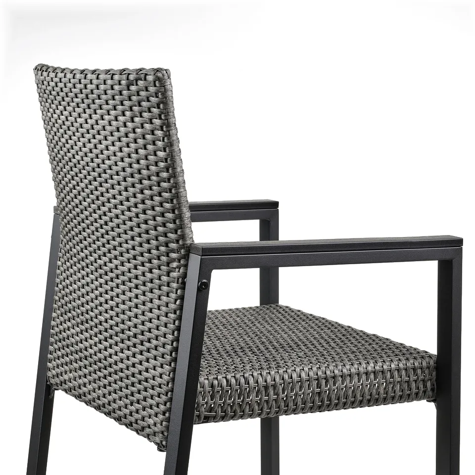 Black wicker outdoor chair with sturdy metal frame, armrests, on white background.