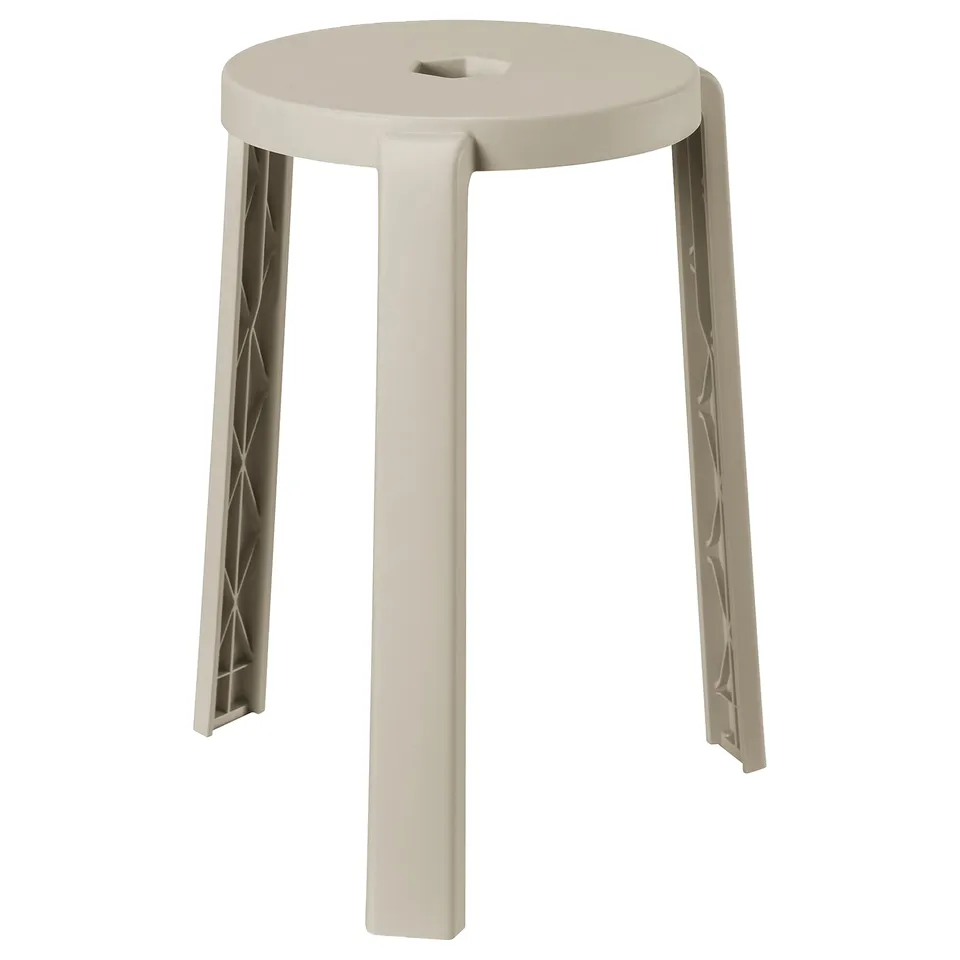An IBBARBO stool, white in colour, made of polypropylene plastic with a playful 3-legged design, perfect for stacking and versatile use.