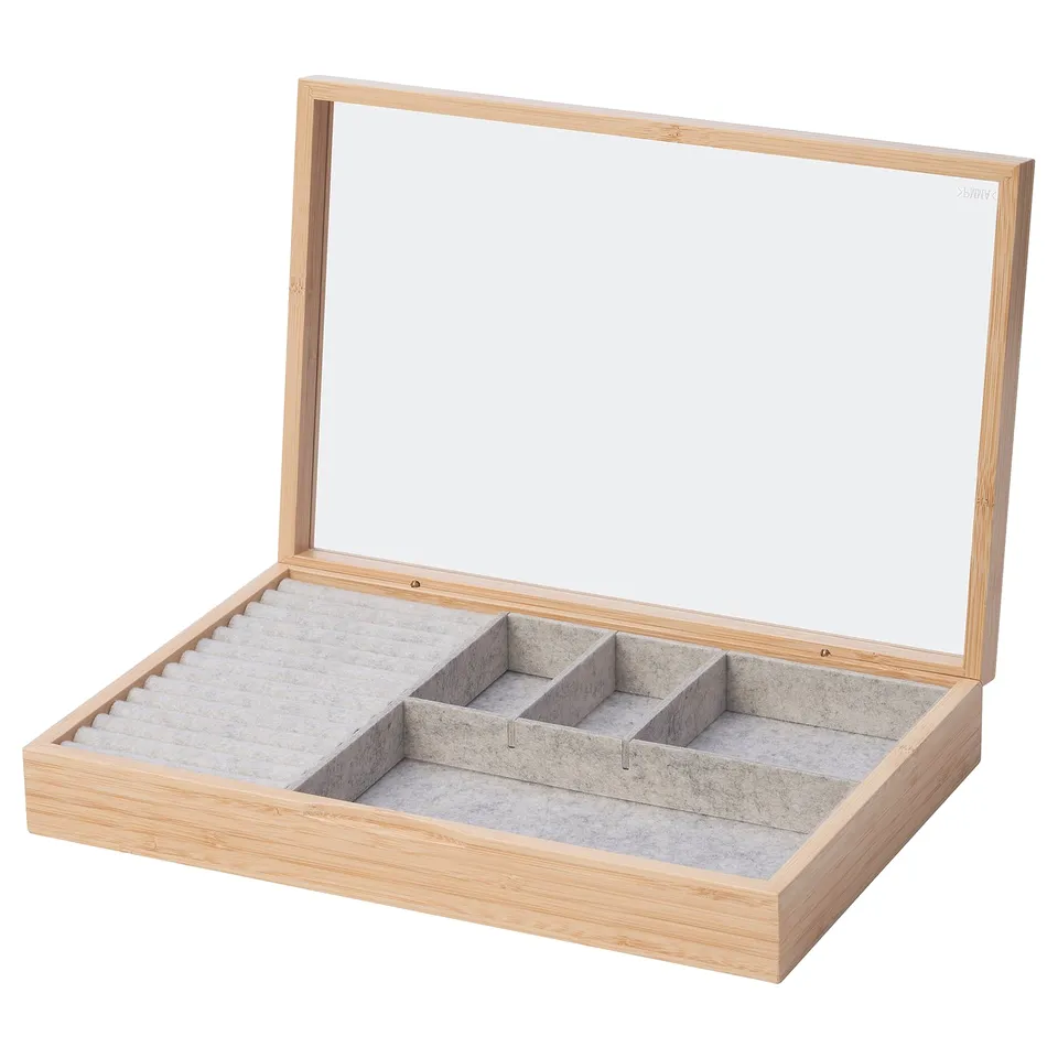 Bamboo jewellery box with compartments, clear acrylic lid.
