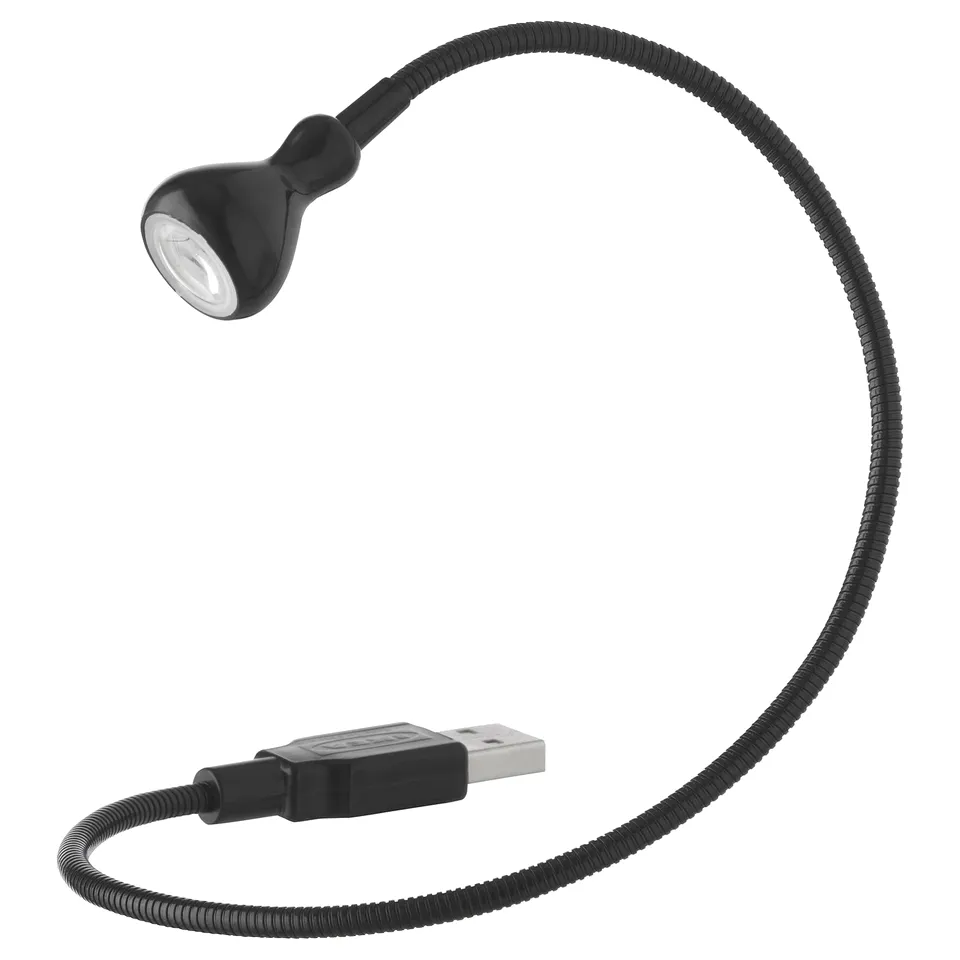 Black flexible usb lamp, adjustable, led, plastic and steel.