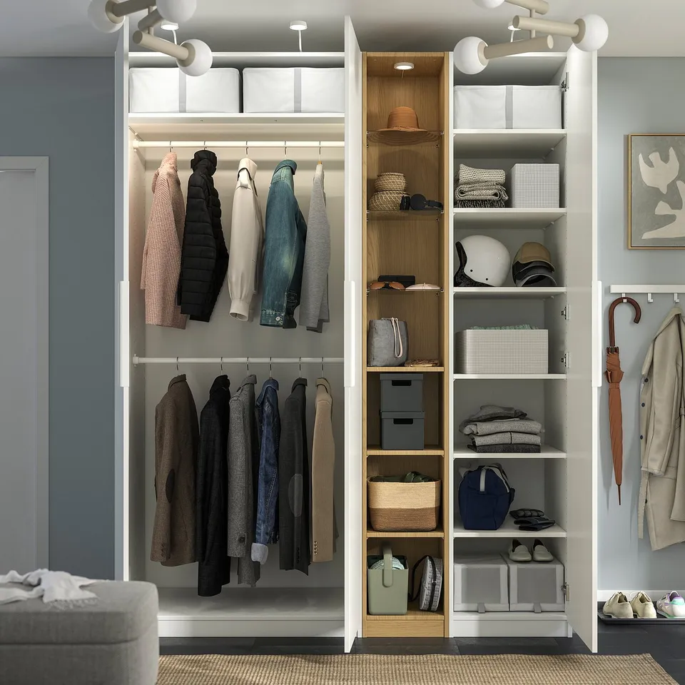 PAX / FORSAND Wardrobe combination, white white/oak effect, 185x60x236 cm