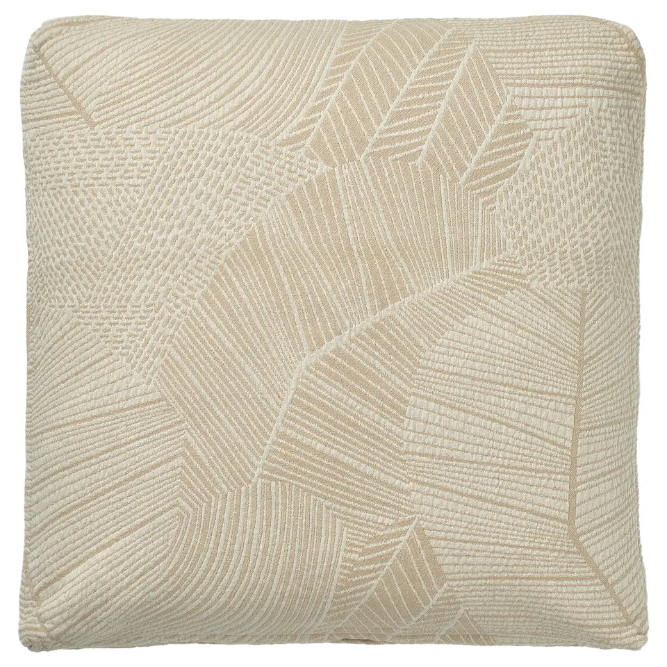An off-white JÄTTEGRAN cushion cover with a leafy pattern, square shape, and textured fabric.