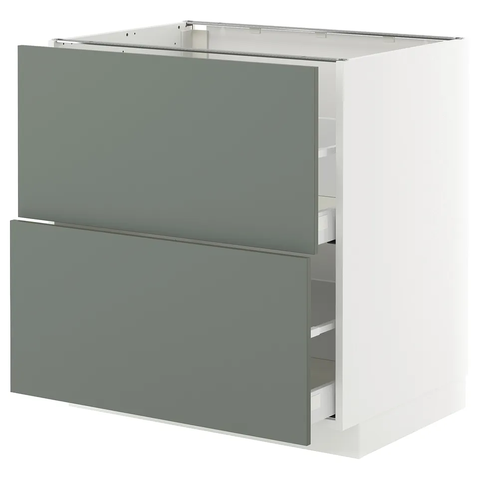 Modern kitchen cabinet in light grey-green with two drawers. Metallic frame, smooth surfaces, sleek design.