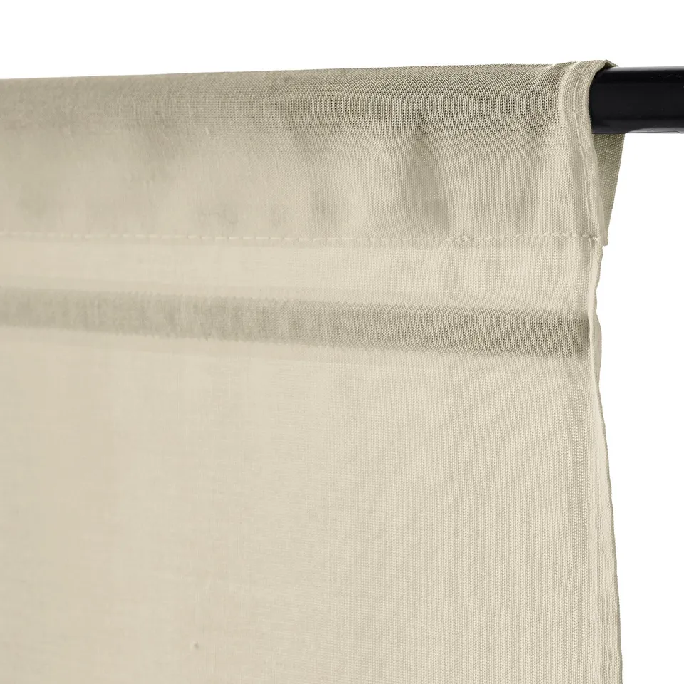 Beige linen-look roman blind, featuring slot heading for easy installation, cordless design for safety, and adjustable lengths with magnetic controls.