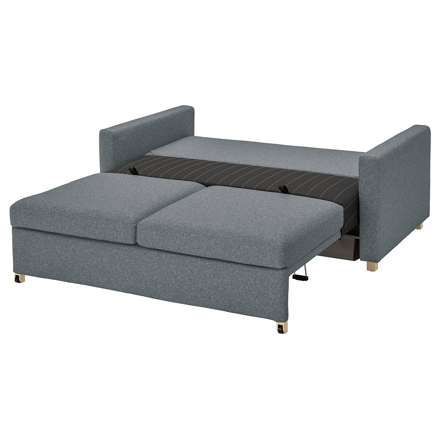 A SALTSJÖBADEN grey convertible sofa bed with a modern design and wooden legs.