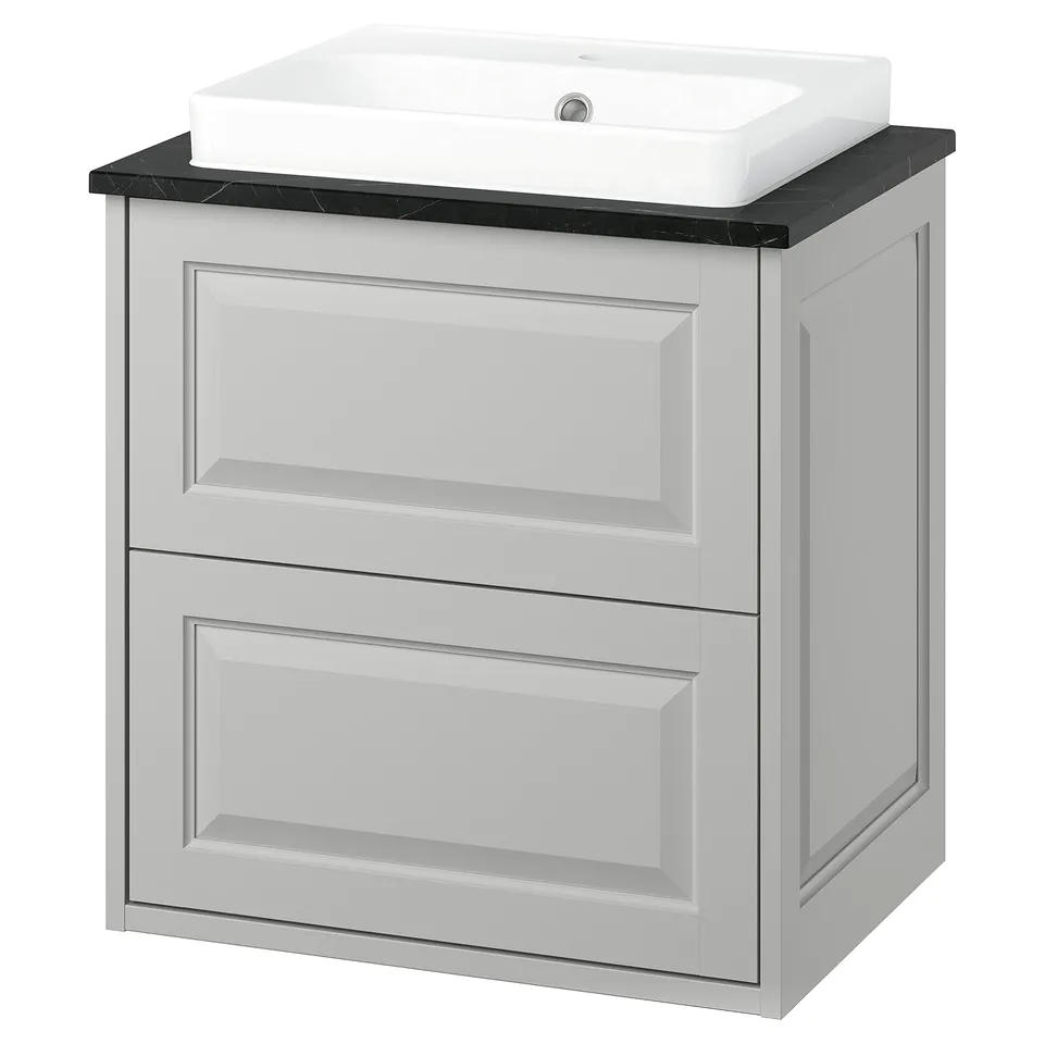 Elegant light grey bathroom vanity, TÄNNFORSEN. Two drawers, marble countertop, rectangular ceramic sink. Modern and timeless design.