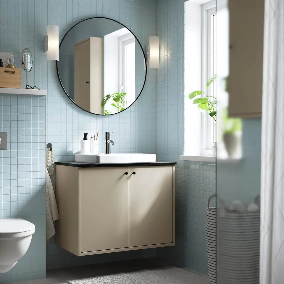 HAVBÄCK / ORRSJÖN Wash-stnd w doors/wash-basin, beige/black marble effect, 82x49x71 cm