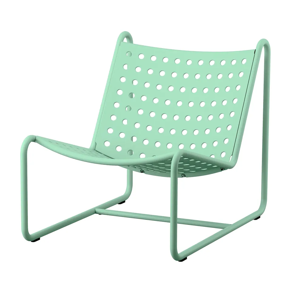 SKOGSÖN chair, light green, metal, perforated seat, rounded shape, outdoor design.