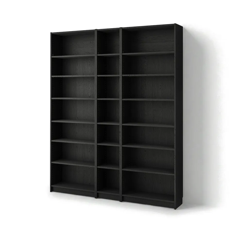 Black BILLY bookcase, modern, wall-mounted, with multiple empty shelves.